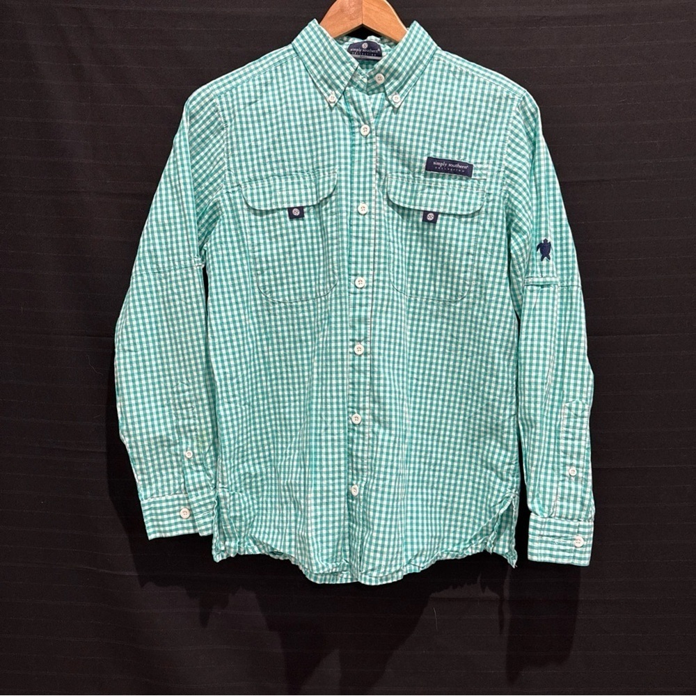 Simply Southern Womens Shirt green gingham plaid long roll sleeve button-up Sz S